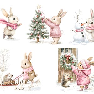 May include: Four illustrations of bunnies in winter scenes. The first bunny is ice skating with a pink scarf. The second bunny is decorating a Christmas tree. The third bunny is building a snowman with another bunny. The fourth bunny is wearing a pink coat and hat and is standing next to a hedgehog.