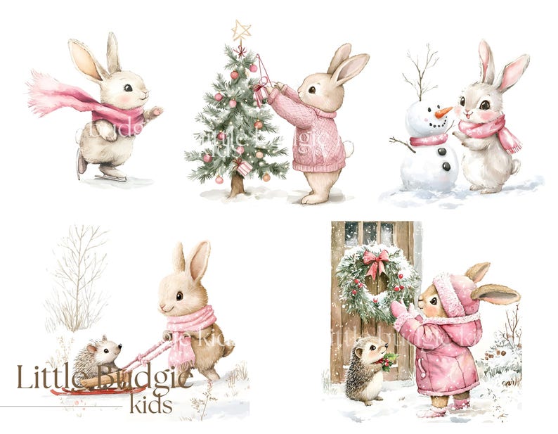 May include: Four illustrations of bunnies in winter scenes. The first bunny is ice skating with a pink scarf. The second bunny is decorating a Christmas tree. The third bunny is building a snowman with another bunny. The fourth bunny is wearing a pink coat and hat and is standing next to a hedgehog.
