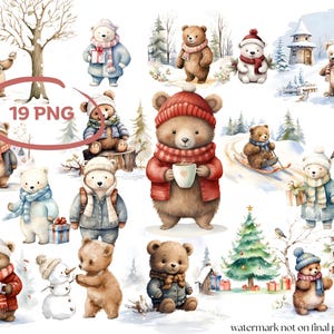 19 imágenes prediseñadas de osos del bosque, paquete navideño de acuarela; arte de animales del bosque, muñeco de nieve y pingüino, álbumes de recortes, invitaciones, artes y manualidades