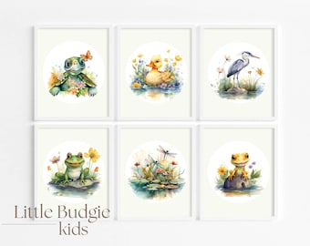 Watercolor Pond Animal Nursery Prints: Turtle, Frog, Duck (Digital Download)
