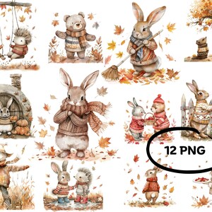 12 Clip Art di coniglietti del bosco, Pacchetto di 12 Clip Art PNG autunnali ad acquerello, Clip Art del Ringraziamento con conigli e amici / Spaventapasseri, Foglie