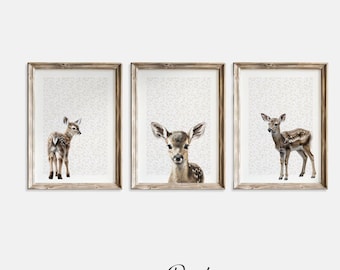 Woodland Deer Nursery Prints: Beige Boho Leaf Decor (Digital Download)