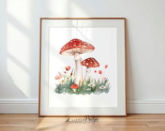 Toadstool Nursery Print, Watercolor Mushroom Art, Floral Kids Decor (Digital Download)