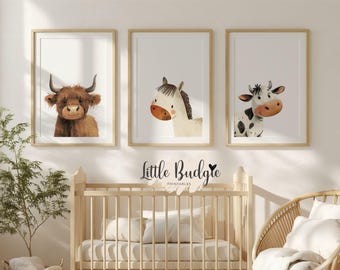 Farm Animal Nursery Prints: Set of 3,  Holstein Cow, Horse, Highland Cow (Digital Download)