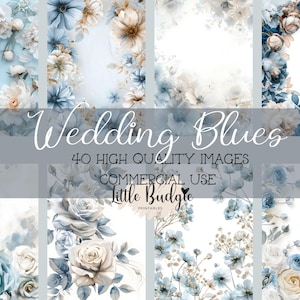 40 Hochzeit Blau Blumen Clip Art, Rosen, Pfingstrosen, Wildblumen, Schleierkraut, Einladungen, Junk Journal, Scrapbooking, Decoupage, Karten machen