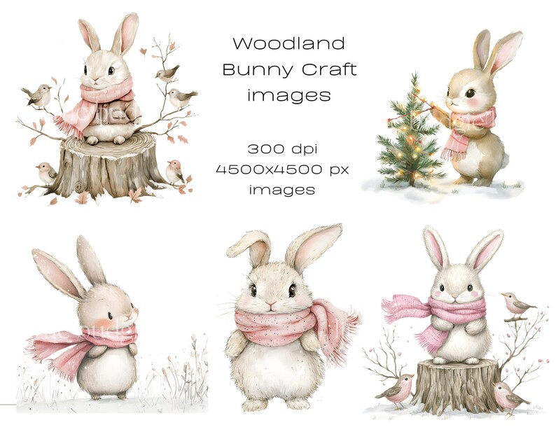 May include: Four watercolor illustrations of cute bunnies wearing pink scarves. The bunnies are in different poses, some are sitting, some are standing. The illustrations are set against a white background. Woodland Bunny Craft images 300 dpi 4500x4500 px images