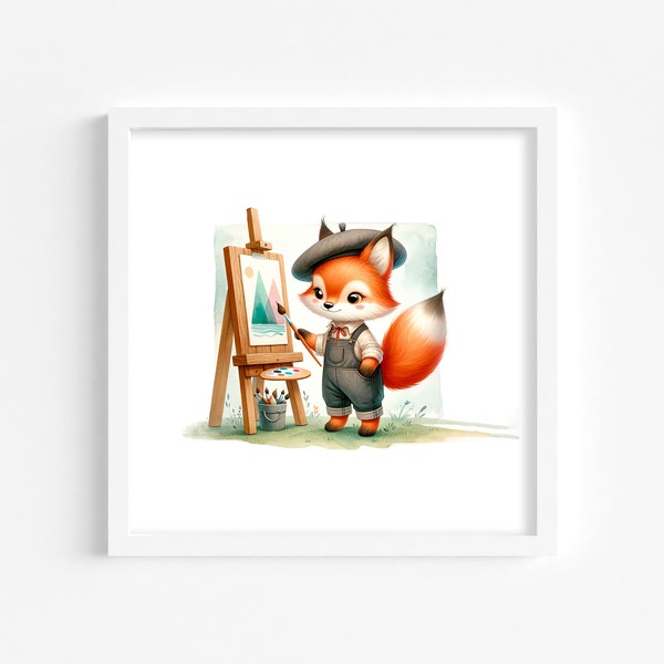 Fox Artist Nursery Decor Prints, Profession Animal Wall Art, Woodland Animal Decor Clip Art, DIGITAL DOWNLOAD