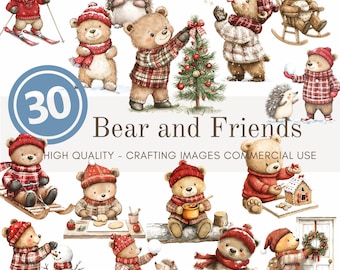 Watercolor Bear Christmas Clip Art Bundle: Winter Woodland PNG (Commercial Use, Digital Download