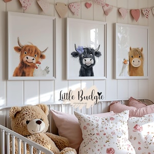 Farm Animal Nursery Wall Prints, Set of 3, Cow, Horse, Highland Cow Wall Art, Farm Themed Nursery Decor, Country Farmhouse Decor, Baby Gift