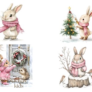 May include: Four watercolor illustrations of bunnies wearing pink scarves and celebrating Christmas. One bunny is ice skating, one is decorating a Christmas tree, one is holding a wreath, and one is sitting on a tree stump with birds.