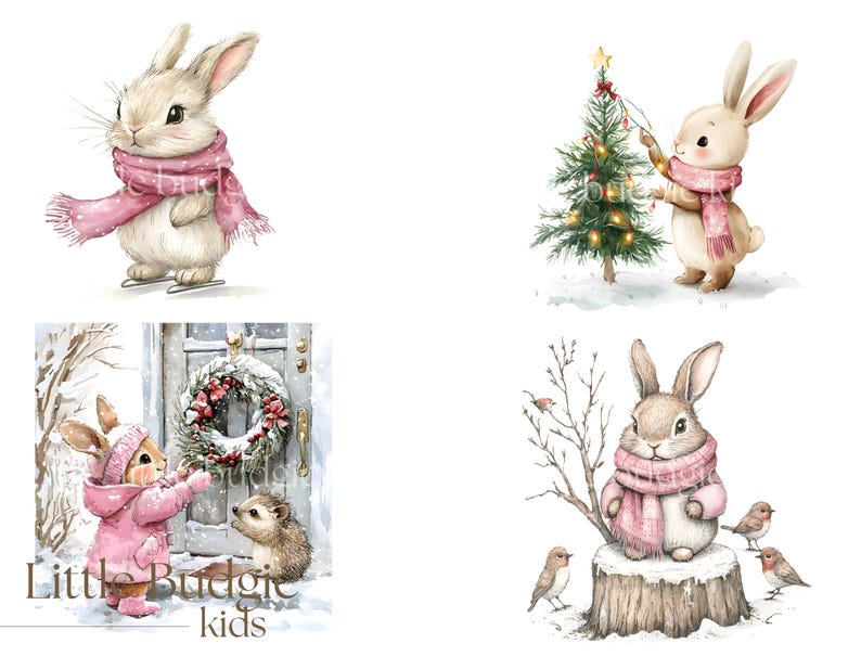 May include: Four watercolor illustrations of bunnies wearing pink scarves and celebrating Christmas. One bunny is ice skating, one is decorating a Christmas tree, one is holding a wreath, and one is sitting on a tree stump with birds.