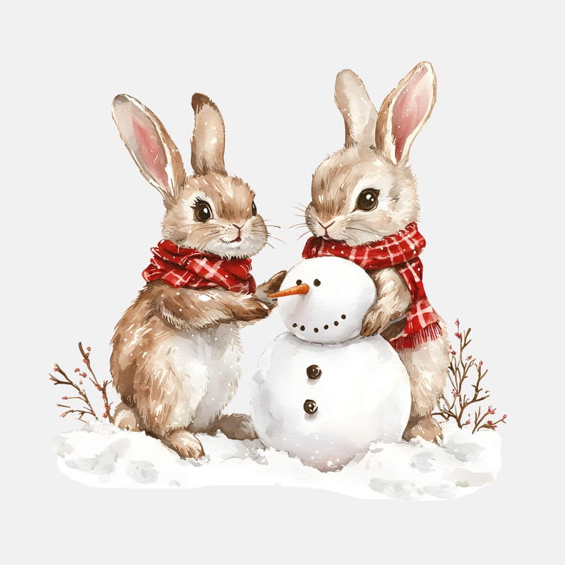 Watercolor Christmas Bunny Clip Art Bundle: Winter Woodland PNG ...
