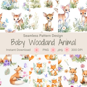 Baby Woodland Animals, Seamless Patterns, Digital Paper, for Fabric, Home Decor, Scrapbooking and Nursery