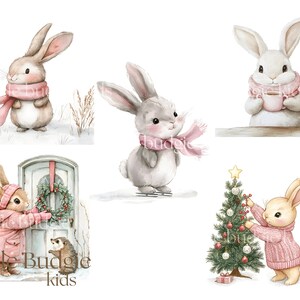 May include: Five watercolor illustrations of bunnies in winter scenes. One bunny is holding a cup of hot chocolate, another is decorating a Christmas tree, and another is holding a wreath. The text "Little Budgie Kids" is at the bottom of the image.