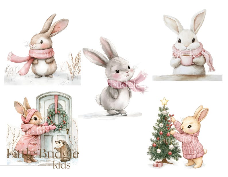 May include: Five watercolor illustrations of bunnies in winter scenes. One bunny is holding a cup of hot chocolate, another is decorating a Christmas tree, and another is holding a wreath. The text "Little Budgie Kids" is at the bottom of the image.