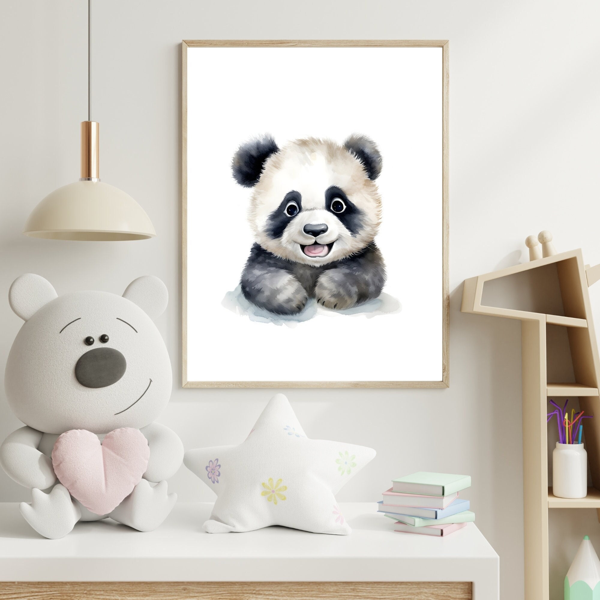 Happy Panda Wall Art, Cute Panda Bear Wall Prints, Watercolor Digital Art,  Cute Nursery Wall Art, Children's Bedroom, Daycare Decor 