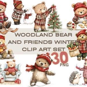 30 Clip Art di orsi del bosco, bundle invernale stravagante ad acquerello PNG Clip Art trasparente, bundle di clip art natalizie / Uso commerciale