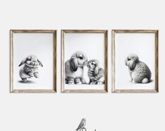 バニーナーサリープリント：森の動物の絵、3枚セット（デジタルダウンロード）