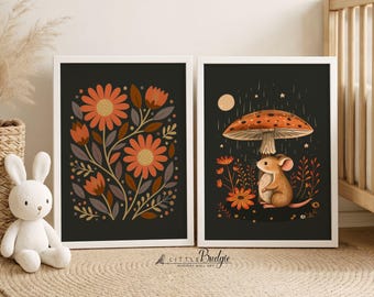 Woodland Mouse Nursery Art Print | Scandi Toadstool Floral Decor (Digital Download)