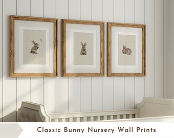 Classic Boho Watercolor Bunny Nursery Wall Prints Set of 3 | Woodland Animal Nursery Wall Decor | Beige Boho Nursery Decor