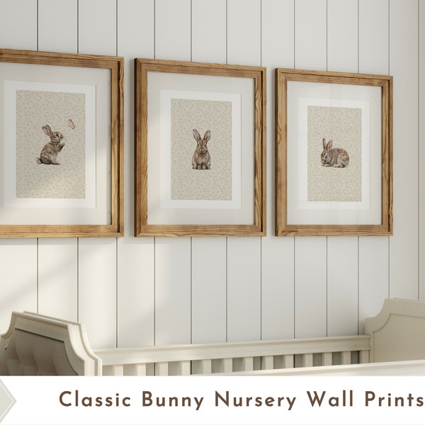 Classic Boho Watercolor Bunny Nursery Wall Prints Set of 3 | Woodland Animal Nursery Wall Decor | Beige Boho Nursery Decor