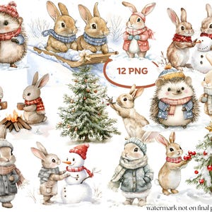 12 Woodland Bunny-illustraties, aquarel kerstbundel PNG-illustraties, winter Clip Art-bundel | Sneeuwpop-clipart | Kerstboom | Bonus