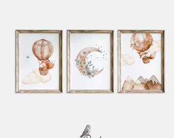 Watercolor Fox Nursery Print: Hot Air Balloon, Boho Floral (Digital Download)