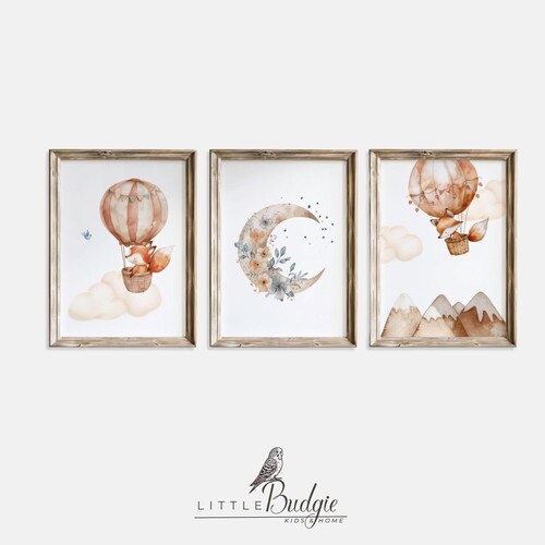 Aquarell Fuchs Kinderzimmer Druck: Heißluftballon, Boho Blumen (digitaler Download)