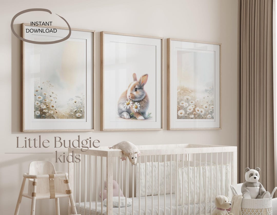 Woodland Bunny Nursery Decor Print, Set of 3, Daisy and Bunny Wall Art ...
