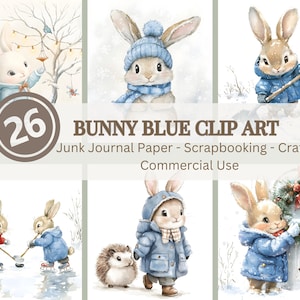 26 imágenes prediseñadas de conejitos del bosque, temática azul, Navidad, fiestas e invierno, imágenes lindas de conejitos y nieve para scrapbooking y manualidades.