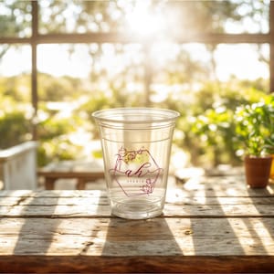 May include: A clear plastic cup with a pink and yellow floral design and the text "Lah Studio" on a wooden table.