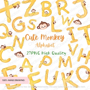 Affe Bananenalphabet, Affenschrift, Buchstabe, Handzeichnung, Affe Clipart