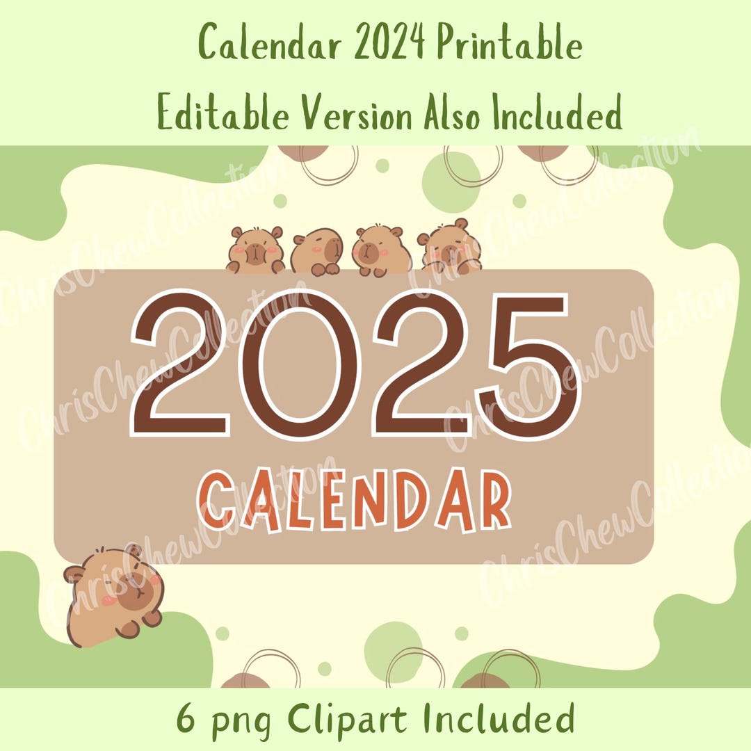 Capybara Calendar 2025 Template, Canva Digital Template, Editable Version Included, 6png