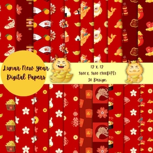 Lunar New Year Chinese Digital Papers - Dragon Year - Chinese New Year-Commercial Use - Scrapbook Paper - Background - Red