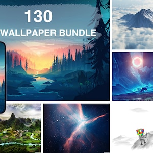 May include: A collage of 130 HD wallpaper images. The images include a mountain range with clouds, a forest with a river, a starry sky with a nebula, a landscape with a river and mountains, and a cartoon illustration of a person carrying a Rubik's cube.