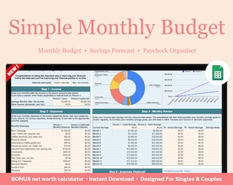 May include: A screenshot of a spreadsheet template for a simple monthly budget. The template includes sections for income, expenses, monthly review, and savings forecast. The spreadsheet is designed for singles and couples and includes a net worth calculator.
