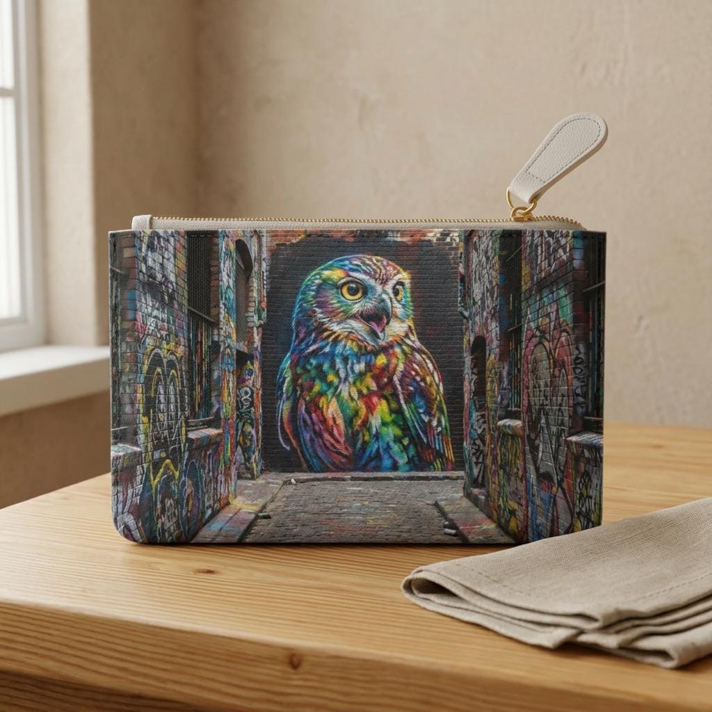 Colorful Street Art Owl Mini Clutch Bag | Graffiti Alley Print