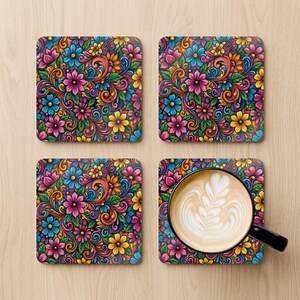Floral Cork Coaster Set - Botanical Drink Coasters (Set of 4)