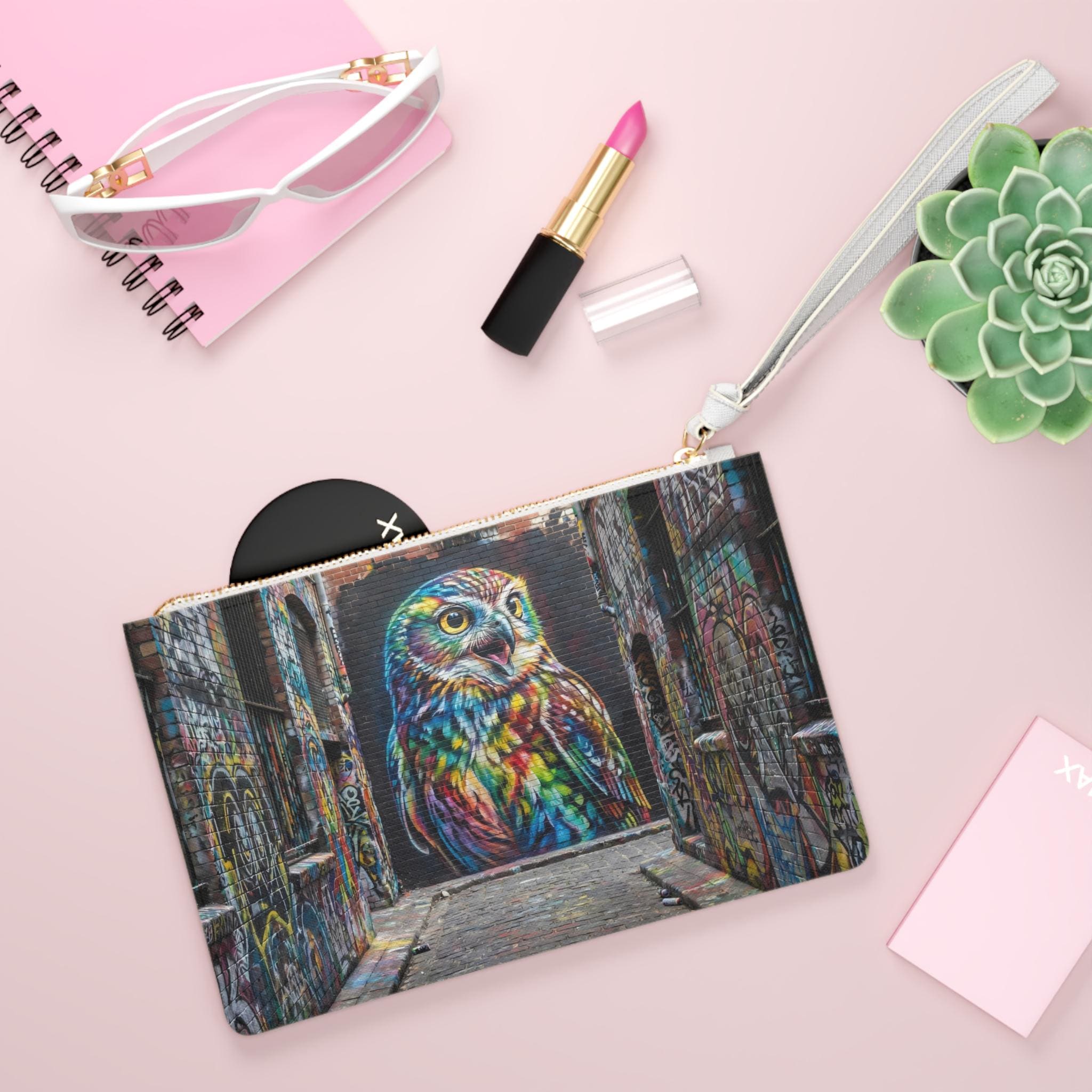 Colorful Owl Mural Clutch Bag | Street Art Graffiti Pouch
