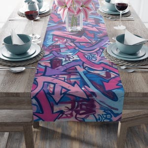 Graffiti Arrow Table Runner - Pink & Purple Street Art Cotton-Poly Blend