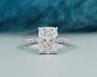 Cushion Cut Lab Grown Diamond Hidden Halo Engagement Ring | Solitaire Pavé Diamond Bridal Ring