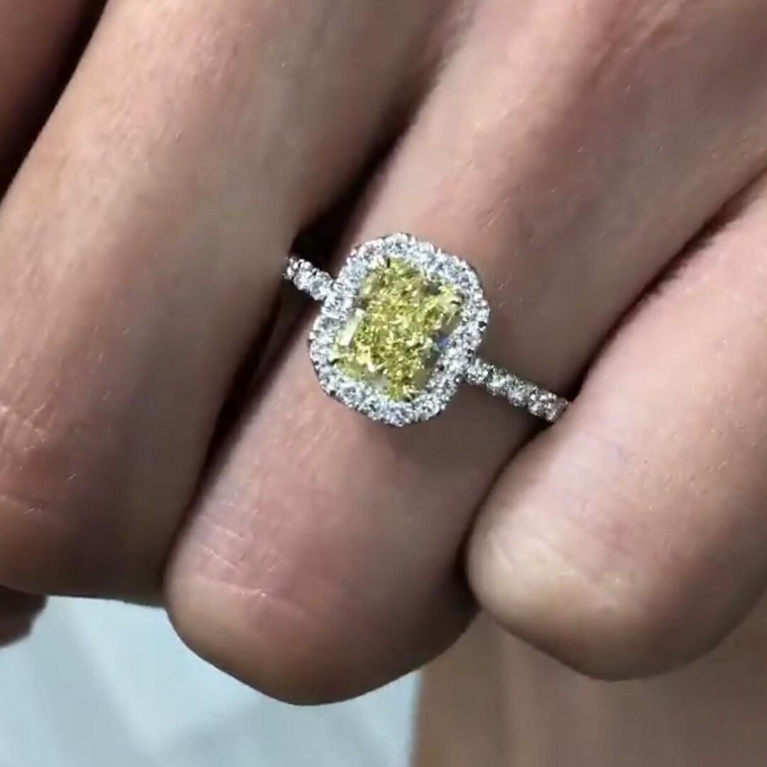 1.70tcw Yellow Radiant Lab Diamond Engagement Ring | Halo + Pavé Band ...
