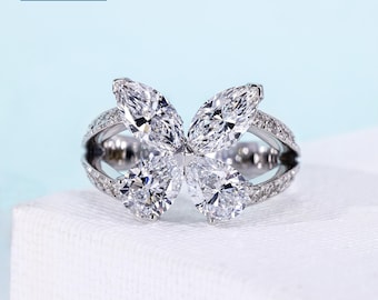 3.34 TCW Pear and Marquise Cut Butterfly Engagement Ring - 14k White Gold