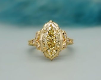 Marquise 3.60tcw Fancy Yellow Lab Diamond Engagement Ring | Vintage Cathedral | IGI Certified