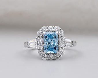 Radiant Cut Blue Topaz Halo Engagement Ring with Tapered Baguette Diamonds Gift For Her | IGI Certified