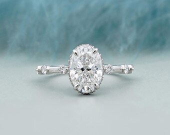 Oval Cut Engagement Ring with Hidden Halo and Accent Band in White Gold | Lab Grown Diamond