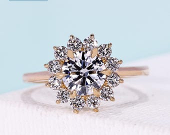 1.48tcw Floral halo round engagement ring with secure 6 prong setting, cathedral design, and 14k yellow gold band