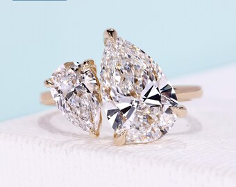 4.03tcw Pear Toi Et Moi Ring with 14k Yellow Gold Diamond Ring, Claw Prong Setting, IGI Certified Antique Cut,Gift For Her