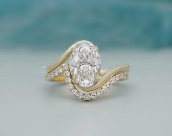 Anillo de compromiso ovalado con diamante sintético de 3,20 quilates y alianza a juego, conjunto nupcial moderno para mujer.