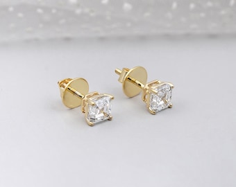 1.50ct Asscher Cut Diamond Stud Earrings | 14K Gold Screw Back Studs | Solitaire Diamond Earrings | Classic Fine Jewelry Gift for Her